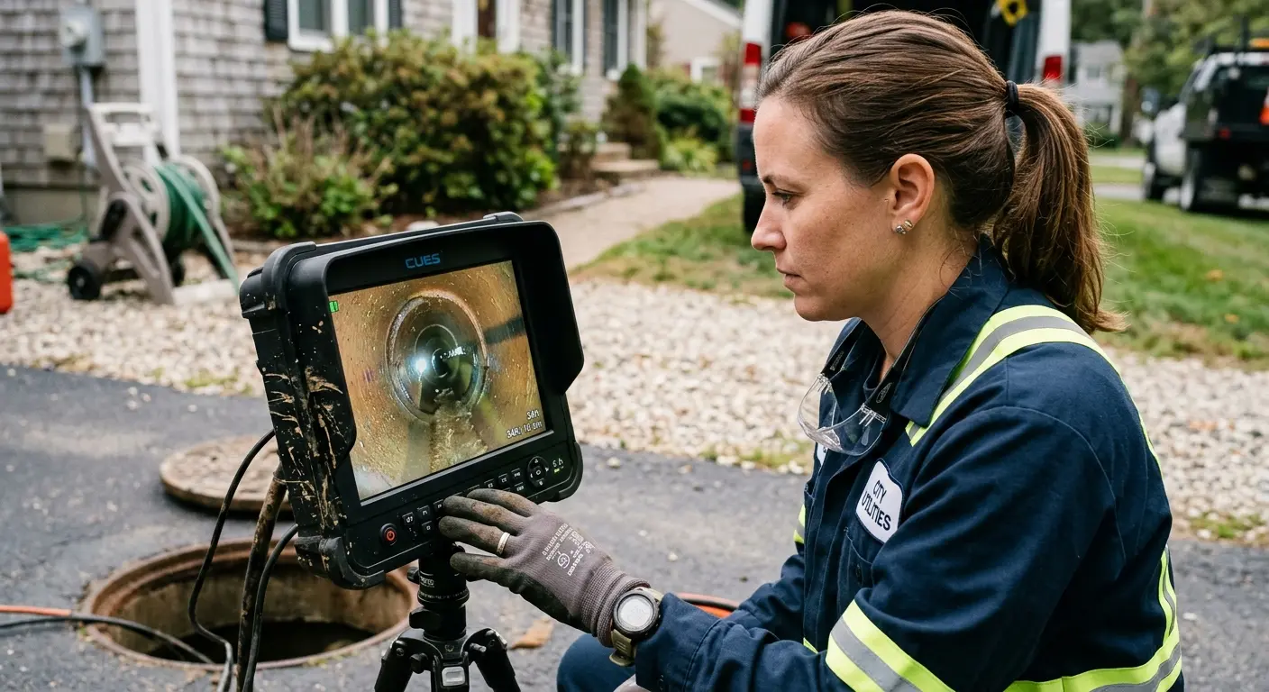 Technician reviewing sewer camera inspection footage in Merrydale