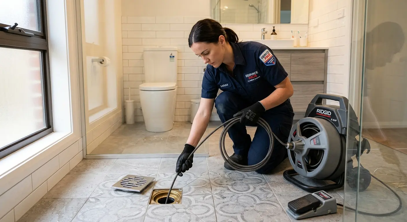 Technician clearing a bathroom floor drain for Drain Cleaning in Merrydale